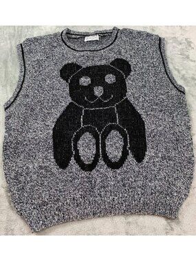 Vintage Jane Adams Sweater Vest Womens Gray Knit Teddy Bear Made USA Retro Cute